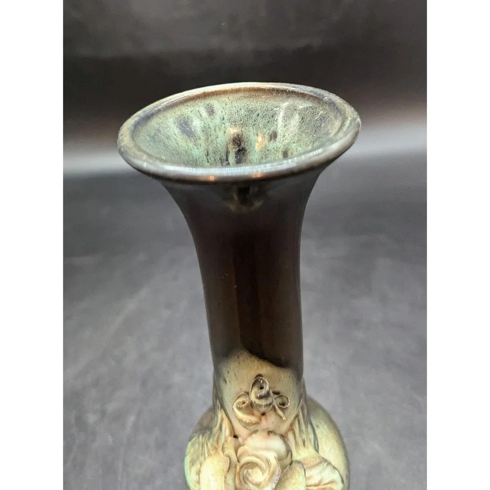 Vintage Lviv Ceramics Applied Flower Green Vase 7.25